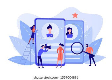 Modeling agency manager and photographer take photos of model for portfolio. Modeling agency, fashion model agent, modeling company services concept. Pinkish coral bluevector isolated illustration