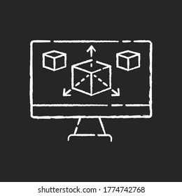 Modeling chalk white icon on black background. Three dimensional prototype for graphic design project. Cube in computer program for geometry presentation. Isolated vector chalkboard illustration