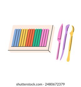 Modelo de arcilla, colorido juego de plastilina con cuchillos. Herramientas de modelado infantil. Ilustración vectorial en estilo plano