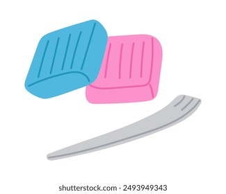 Modeling clay with stick to make kids craft in blue and pink colors. Traditional kids craft art supplies, creative hobby accessories, top view. Flat vector illustration isolated on white background
