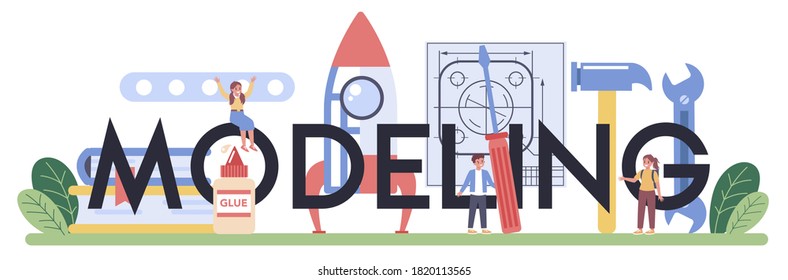 Modeling education typographic header. Student holding art tools. Teacher learning kids to craft. Modeling, sculpting and sewing. Isolated flat vector illustration