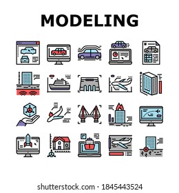 Modeling Engineering Collection Icons Set Vector. Ship And Airplane, Bridge And Dam, Building And House Architectural Modeling Concept Linear Pictograms. Color Contour Illustrations