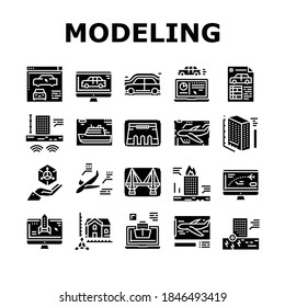 Modelación del vector de conjunto de iconos de colección de ingeniería. Buques Y Aviones, Puentes Y Represas, Edificios Y Modelos Arquitectónicos De Casa Pictogramas De Glifos Ilustraciones Negras