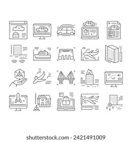 Modeling Engineering Collection Icons Set Vector. Ship And Airplane, Bridge And Dam, Building And House Architectural Modeling Black Contour Illustrations