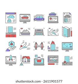 Modeling Engineering Collection Icons Set Vector. Ship And Airplane, Bridge And Dam, Building And House Architectural Modeling Concept Linear Pictograms. Color Contour Illustrations
