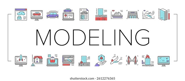 Modeling Engineering Collection Icons Set Vector. Ship And Airplane, Bridge And Dam, Building And House Architectural Modeling Concept Linear Pictograms. Color Contour Illustrations