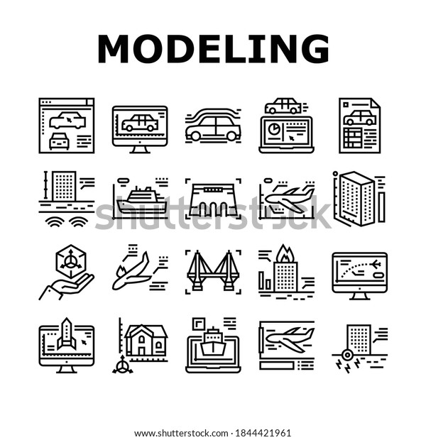 Modeling Engineering Collection Icons Set\
Vector. Ship And Airplane, Bridge And Dam, Building And House\
Architectural Modeling Black Contour\
Illustrations