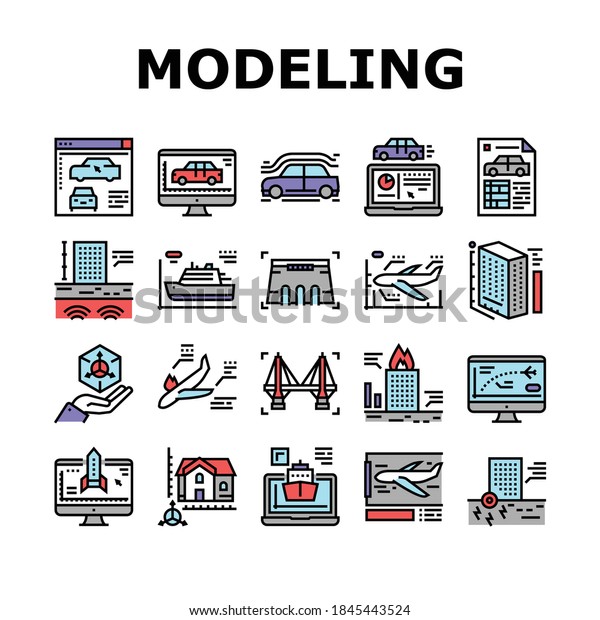 Modeling\
Engineering Collection Icons Set Vector. Ship And Airplane, Bridge\
And Dam, Building And House Architectural Modeling Concept Linear\
Pictograms. Color Contour\
Illustrations