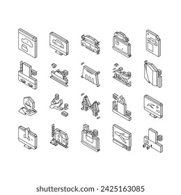 Modeling Engineering Collection isometric icons set. Ship And Airplane, Bridge And Dam, Building And House Architectural Modeling Concept Linear Pictograms. Color Contour .