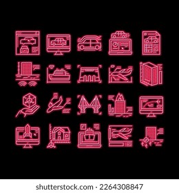Modeling Engineering neon light sign vector. Ship And Airplane, Bridge And Dam, Building And House Architectural Modeling Illustrations