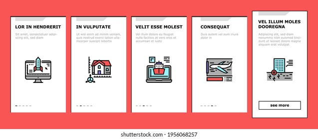 Modelación Ingeniería Onboarding Mobile App Page Vector de pantalla. Ilustraciones De Modelos Arquitectónicos De Barcos Y Aviones, Puentes Y Represas, Edificios Y Viviendas