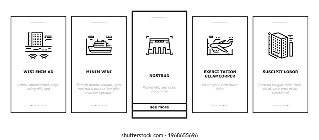 Modeling Engineering Onboarding Mobile App Page Screen Vector. Ship And Airplane, Bridge And Dam, Building And House Architectural Modeling Illustrations