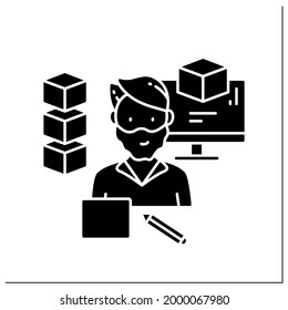 Modeling glyph icon. Man created 3d models on a laptop.Computer graphics.Digital representation of any object or surface. Small business owner.Filled flat sign. Isolated silhouette vector illustration