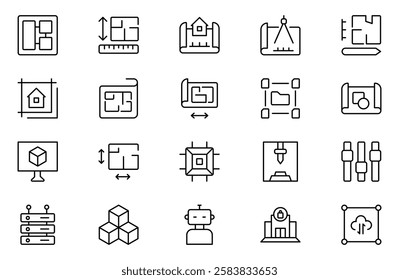 Modeling outline icon set. Architectural planning icon collection. Planning, scheme, dimension, project, measurement, floor plan and more.