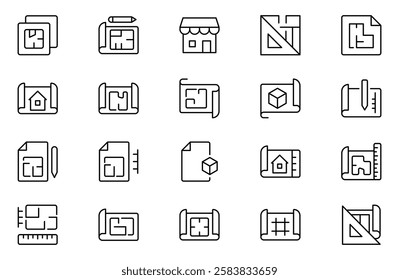 Modeling outline icon set. Architectural planning icon collection. Planning, scheme, dimension, project, measurement, floor plan and more.