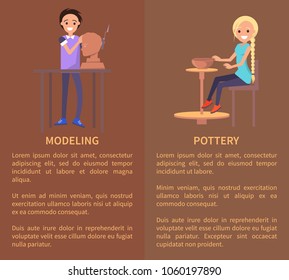 Modeling and pottery, color vector illustration, banner isolated on brown backdrops, women working by pottery wheel, cheerful man modeling a bust