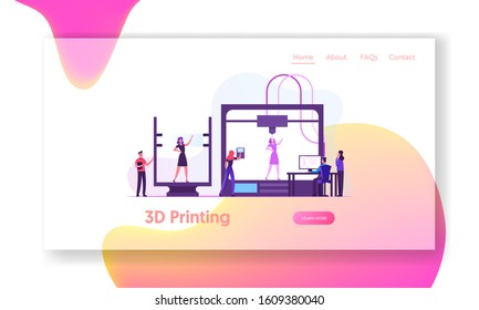 Modeling Printing Progress Innovation Website Landing Page. Developers and Engineers using 3d Printer for Creating Model of Alive Woman in Laboratory Web Page Banner. Cartoon Flat Vector Illustration