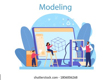 Modeling school subject concept. Engineering, crafting and constraction. Idea of futuristic technology, 3d modelling, robotics. Isolated vector illustration