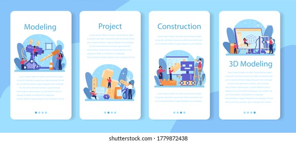 Modeling school subject mobile application banner set. Engineering, crafting and constraction. Idea of futuristic technology, 3d modelling, robotics. Isolated vector illustration