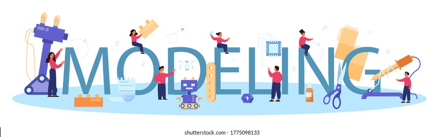 Modelación de la cabecera tipográfica de asignatura escolar. Ingeniería, artesanía y construcción. Idea de tecnología futurista, modelación 3d, robótica. Ilustración vectorial aislada