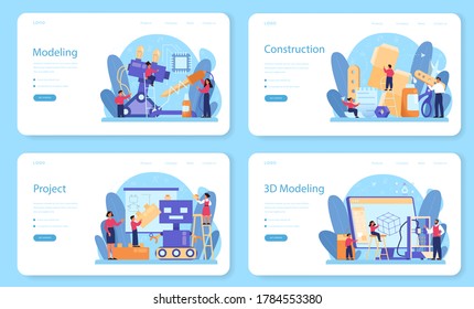 Modeling school subject web banner or landing page set. Engineering, crafting and constraction. Idea of futuristic technology, 3d modelling, robotics. Isolated vector illustration