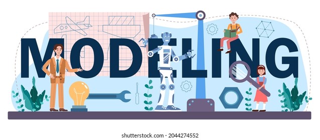 Modelación de encabezado tipográfico. El profesor enseña a los estudiantes cómo trabajar. Curso de escultura, avión y escuela de modelado 3d. Hobby creativo y lección. Ilustración vectorial plana