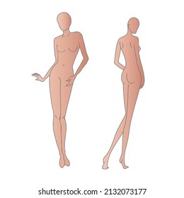 Modelación de la figura de la mujer. Dos poses. Plantilla para dibujar o diseñadores de ropa. El concepto de diseño de icono plano, aislado en fondo blanco. Plantilla de vectores para bocetos de moda