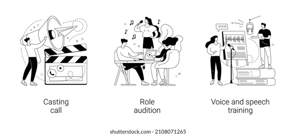 Modelling agency abstract concept vector illustration set. Casting call, role audition, voice and speech training, talent search, acting skills, speech coach, vocal exercise abstract metaphor.