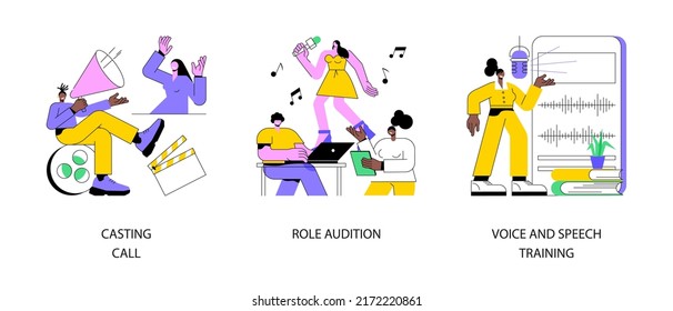 Modelling agency abstract concept vector illustration set. Casting call, role audition, voice and speech training, talent search, acting skills, speech coach, vocal exercise abstract metaphor.