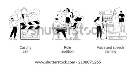 Modelling agency abstract concept vector illustration set. Casting call, role audition, voice and speech training, talent search, acting skills, speech coach, vocal exercise abstract metaphor.