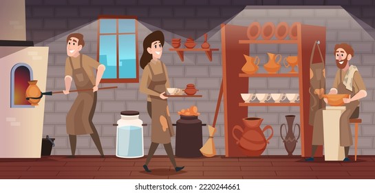 Modelando la olla de arcilla. Personas de la cocina de arcilla hecha a mano utensilios de la caricatura vectorial exacta de fondo