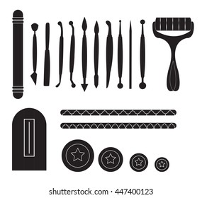 Modelling Tools for Icing & Decorating Sugarpaste, Marzipan, Pastillage. Tools for cake decorating. Birthday cake vector illustration.