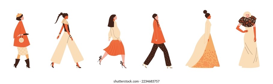 Modelle zeigen eine neue Kollektion von Kleidung. Top-Modelle weibliche Charaktere nehmen an der Modeschau teil, flache Cartoon-Vektorgrafik einzeln auf weißem Hintergrund.