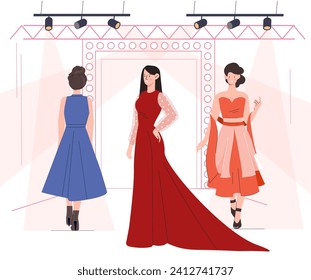 Models fashion show concept. Beautiful women in red and blue dresses at stage. Fashion, trend and style. Aesthetics and elegance. Young girls at podium. Cartoon flat vector illustration