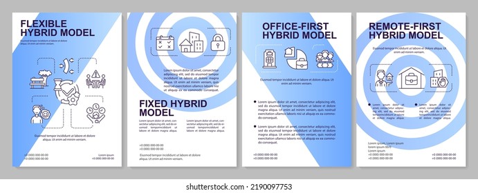 Models Of Hybrid Work Blue Brochure Template. Scheduling. Leaflet Design With Linear Icons. Editable 4 Vector Layouts For Presentation, Annual Reports. Arial, Myriad Pro-Regular Fonts Used