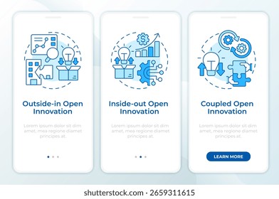 Modelos de innovación abierta pantalla de App móvil de incorporación azul. Gestión de I+D. Instrucciones gráficas editables de 3 pasos con conceptos lineales. UI, UX, GUI