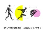 Models of polygonal people in different poses. Walking man. Men is jumping with his hands behind his back. Man lying curl up on a floor. Vector for brochure, flyer, presentation, logo or banner.