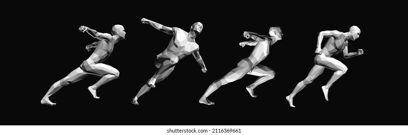 Models of polygonal people in different poses. Running man or marathon runner. Design for sport. 3D human body model. Vector for brochure, flyer, presentation, logo or banner.