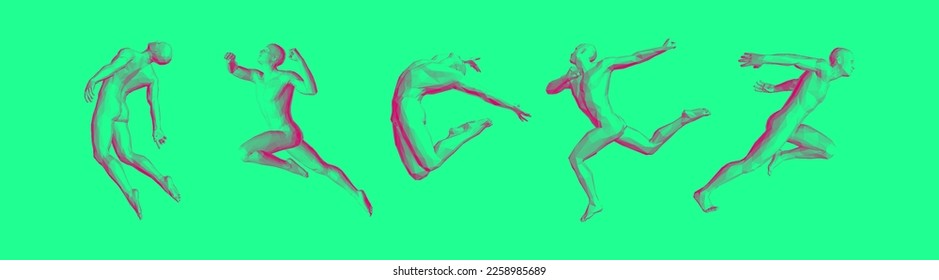 Modelos de gente poligonal en diferentes poses. Libertad, liderazgo o concepto de desarrollo. Los hombres están bailando y saltando. Diseño deportivo. Modelo de cuerpo humano 3D. Vector para folleto, volante o banner.