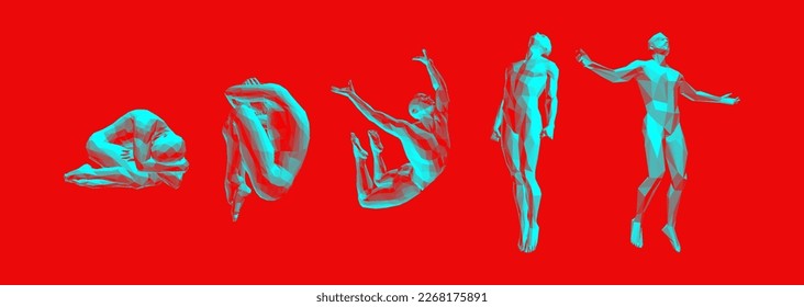 Models of polygonal people in different poses. Man lying curl up on a floor. Despair, depression, hopelessness or addiction concept. Freedom, leadership or development concept. 3D vector.
