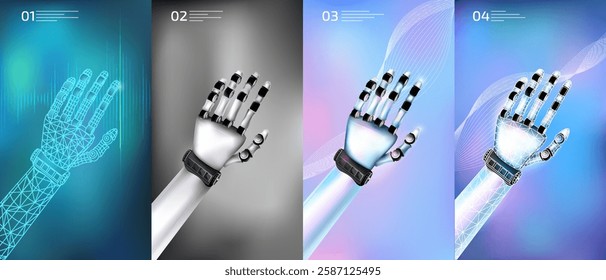 Models of robot hands on a modern digital bright background.