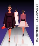 Models showing new clothes trendy outfit. Beautiful women walking on catwalk. Fashion trends review show. Podium under spotlights. Vector illustration