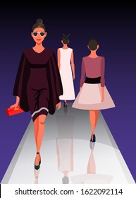 Models showing new clothes trendy outfit. Beautiful women walking on catwalk. Fashion trends review show. Podium under spotlights. Vector illustration