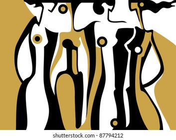 Models Stylish illustration with four figures of beautiful fashionable women.