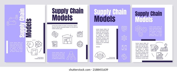 Models of supply chain purple brochure template. Business. Leaflet design with linear icons. Editable 4 vector layouts for presentation, annual reports. Anton, Lato-Regular fonts used