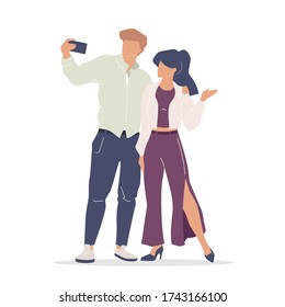 Models taking selfie flat color vector faceless characters. Fashionable boyfriend and girlfriend on date. Man and woman photo isolated cartoon illustration for web graphic design and animation