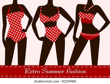 Models wearing retro red polka dotted bikinis. Summer fashion