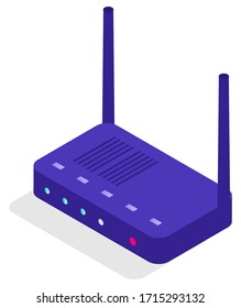 Modem for access to internet vector, router for connection isolated icon. Device with antenna and lights indicating status of signal, system for database work. Illustration in isometric 3d style