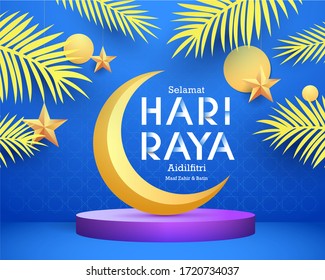 Modem and elegant hari raya greeting with lanterns, moon and stars. The Malay words mean “ happy hari raya” and “ May you forgive us”