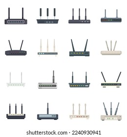 Modem icons set flat vector. Internet router. Lan port access isolated